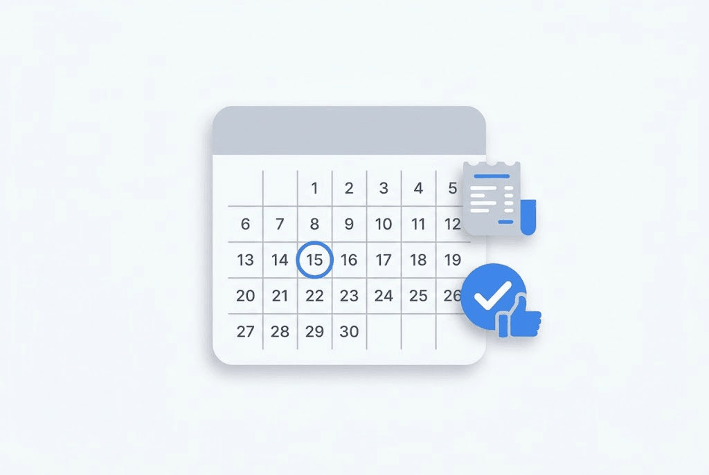 Illustration of a calendar with a marked date, a receipt, and an approval icon
