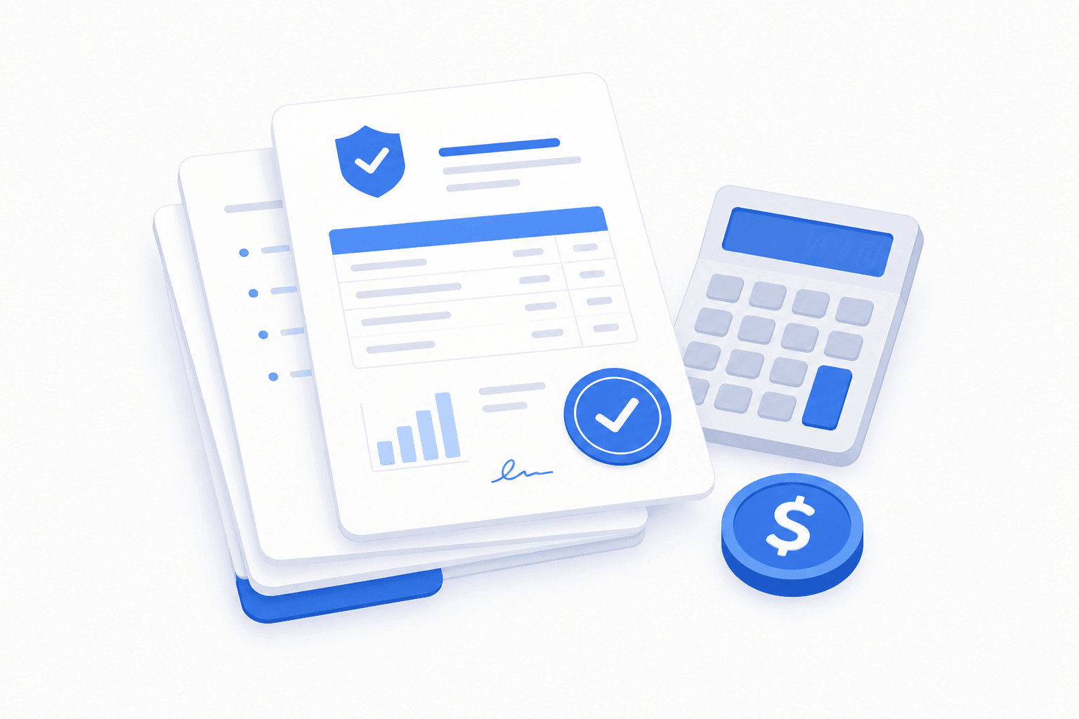 Illustration of a verified payroll report, a calculator, and a coin